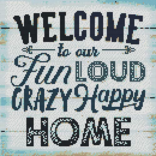 Amiiba Kreuzstich-Set, vorgedruckt, Welcome Fun Loud Crazy Happy Home, 11 Karat, gestempelt, 35,8 x 35,8 cm, Stickset mit Muster (Happy) von Amiiba