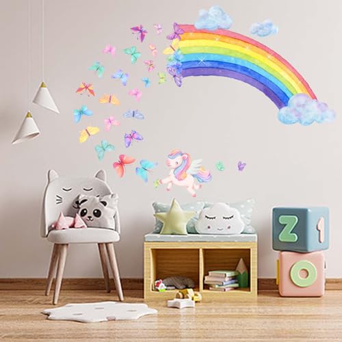 Amimagen Wandtattoo Aquarell Regenbogen Wandaufkleber – bunte Schmetterlinge Wolken Mädchen Wandsticker – Kinder Babys Mädchen Kinderzimmer Kindertagesstätte Schlafzimmer Zuhause Wanddeko von Amimagen