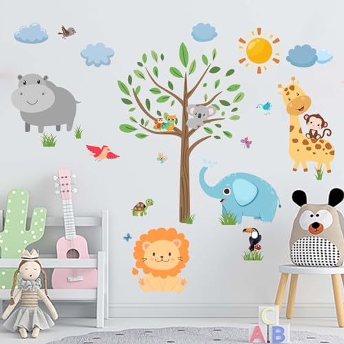 Amimagen Wandtattoo Dschungel Tier Babys Wandaufkleber – Elefant Löwe Giraffe Nilpferd Wald Wandsticker – Baby Kinderzimmer Kindertagesstätte Spielzimmer Klassenzimmer Wanddeko von Amimagen