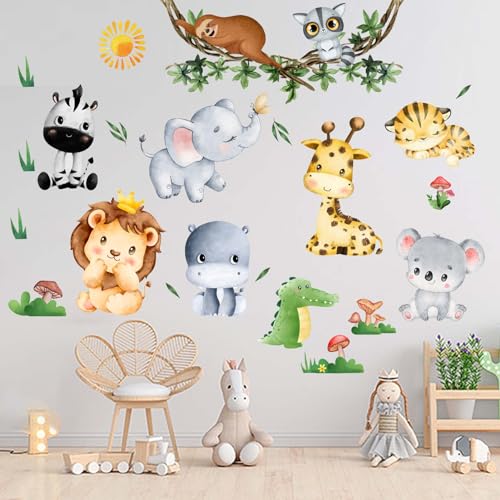 Amimagen Wandtattoo Dschungel-Wandaufkleber mit Tier Babys – Elefant Löwe Tiger Giraffe Wandaufkleber – Kinderzimmer Mädchen Jungenzimmer Kindertagesstätte Spielzimmer Klassenzimmer Wanddekoration von Amimagen