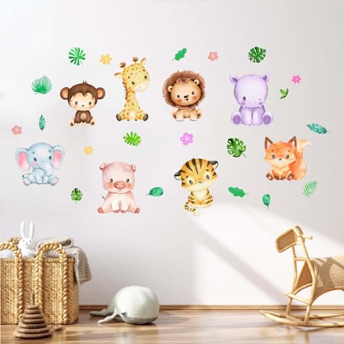 Amimagen Wandtattoo Waldtier Babys Wandaufkleber – Affe Elefant Giraffe Löwe Tiger Fuchs Nilpferd Schwein Wandsticker – Kinderzimmer Mädchen Jungen Kindertagesstätte Spielzimmer Klassenzimmer Wanddeko von Amimagen