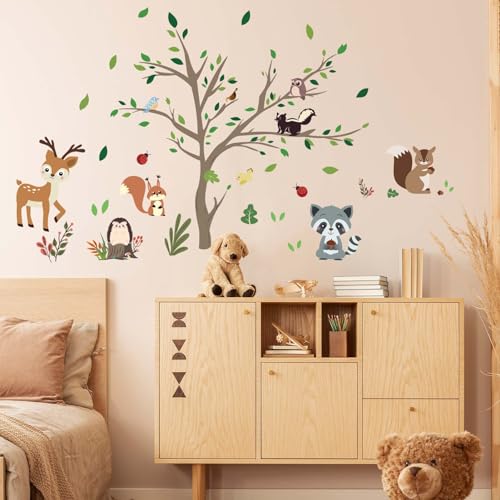 Amimagen Wandtattoo Waldtieren und Bäumen Wandaufkleber – Hirsch Fuchs Eichhörnchen Wandsticker – Kinderzimmer Baby Mädchen Jungen Zimmer Kindertagesstätte Spielzimmer Klassenzimmer Wanddeko von Amimagen