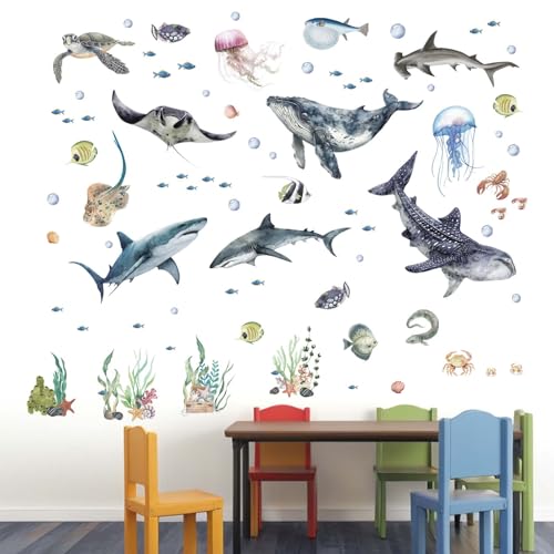 Amimagen Wandtattoos 3 Stücke unter dem Meer Wandaufkleber - Meeresthema Hai Wal Fisch Meeresschildkröte Ozean Wandsticker - Badezimmer Baby Kinderzimmer Schlafzimmer Tagespflege Wand Dekor von Amimagen