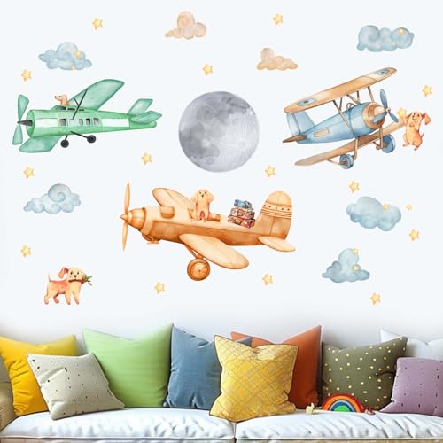 Amimagen Wandtattoos Flugzeug Wandaufkleber - Welpen Flugzeuge Wandsticker - Kinder Baby Jungen Kindertagesstätte Kinder Schlafzimmer Spielzimmer Wand Dekor von Amimagen