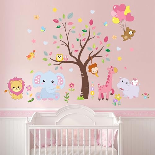 Amimagen Wandtattoos Rosa Tiere Baby Wandaufkleber - Wald Löwe Elefant Affe Hippo Wandsticker - Mädchen Baby Kinderzimmer Kinderzimmer Wanddeko von Amimagen