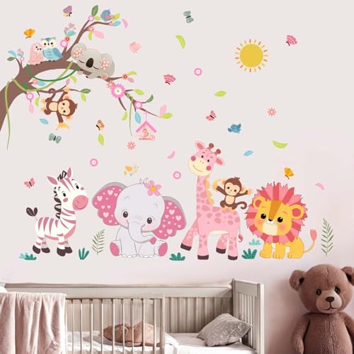 Amimagen Wandtattoos Rosa Wald Baby Tiere Wandabziehbilder - Elefant Löwe Giraffe Affe Zebra Wandaufkleber - Kinderzimmer Kinder Mädchen Jungen Kindertagesstätte Spielzimmer Klassenzimmer Wanddeko von Amimagen