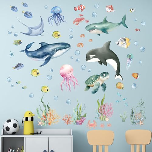 Amimagen Wandtattoos Unter dem Meer Wandaufkleber - Marine Thema Hai Wal Fisch Meeresschildkröte Ozean Wandabziehbilder - Badezimmer Baby Kinderzimmer Kindertagesstätte Wanddeko von Amimagen