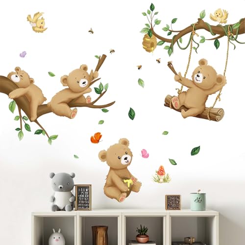 Amimagen Wandtattoos Woodland Bear Wandaufkleber - Baby Tier Baum Zweig Wandabziehbilder - Kinderzimmer Kinder Mädchen Jungen Zimmer Kindertagesstätte Spielzimmer Klassenzimmer Wanddeko von Amimagen