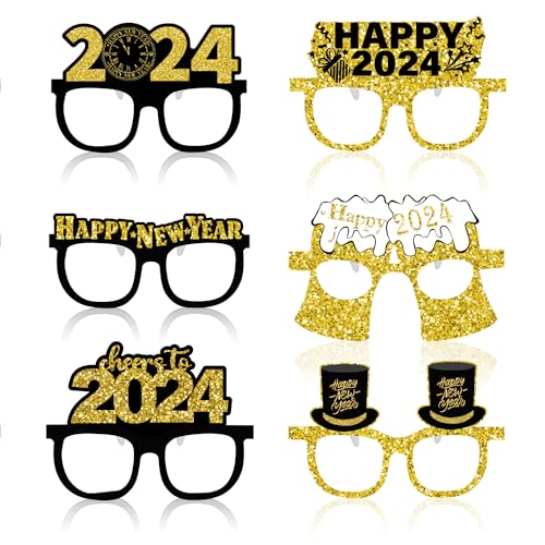 6 Stück Silvester Deko 2024 Party Brillen Silvester Brille Accessoires Foto Requisiten Zubehör Glitter Partybrillen Happy New Year Dekoration Silvester Party Zubehör Neujahrsdeko für Kinder Erwachsene von Amissz