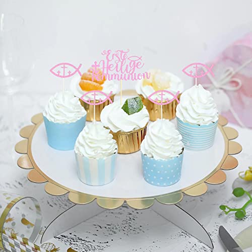 Erste Heilige Kommunion Tortendeko Blau Cake Topper Kommunion und 10 Pcs Fische Tischdeko Erstkommunion Deko Tortendeko Konfirmation Torten Topper Kuchen Deko Kuchendeko für Mädchen Junge von Amissz