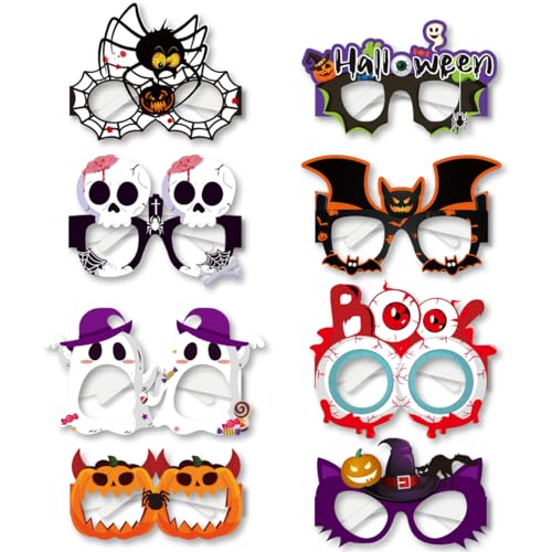 Halloween Party Brillen 8 Stück Halloween Brille Partybrillen Accessoires Halloween Deko Party Zubehör Foto Maskerade Kostüm für Kinder Erwachsene Männer Frauen, Totenkopf,Kürbis,Spinnennetz Brille von Amissz