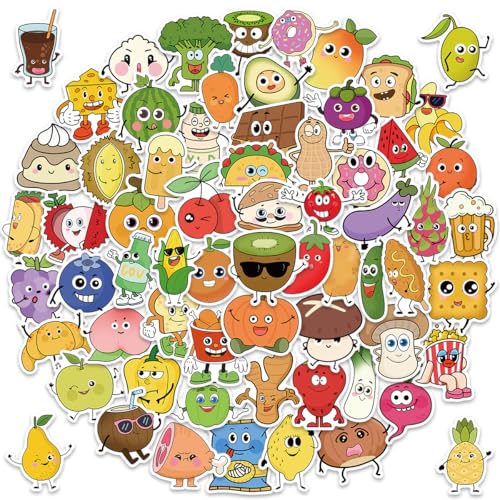 Spaßige Lebensmittel-Sticker für Kinder – 100 verschiedene Designs, personifizierte Früchte, Gemüse & Snacks – verspielte, süße, einfach abziehbar & klebbar, 5-7,5 cm von Amitorfo