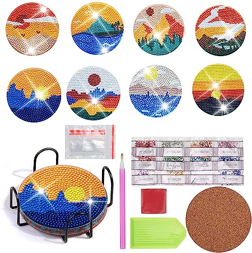 8 Stück Diamond Painting Untersetzer， DIY Abstrakte Landschaft Diamond Untersetzer mit Halter，Dekorative Hölzern Untersetzer mit Diamond Painting Kit für Erwachsene Kinder Anfänger. von Amkolty