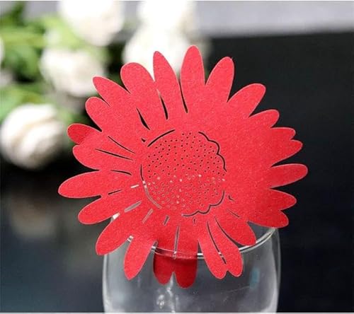 Amlhy 50 Stück Tischkarten Ausgehöhlte Sonnenblumenförmige Namenskarte Blumenstrauß Grußkarte für Hochzeit Weinglas Tasse Tischdekoration Rot von Amlhy