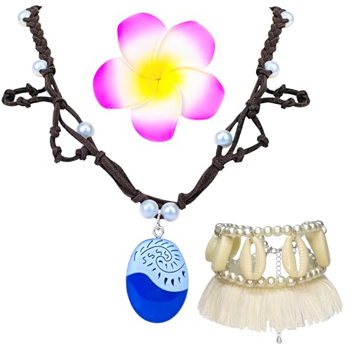 Amlisia 3 Stück Prinzessin Vaiana Halskette Zubehör, Vaiana Kostüm Kinder Damen Vaiana Kette Herz Tefiti Mit Anhänger Halskette Boho Shell Anklet Blume Haarspange für Karneval von Amlisia