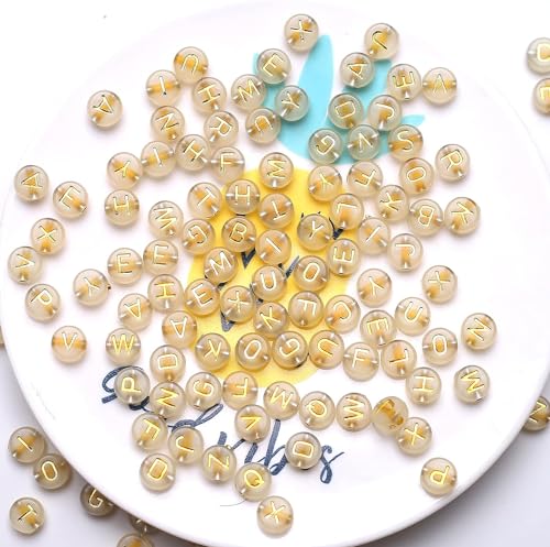 Runde Buchstabenperlen, buntes weißes Acryl mit weißen Perlen, Alphabet, 4 x 7 mm, Perlen für Armbänder, Halsketten, Schmuckherstellung, 1000 Stück (Transparentes Gold) von AmlkHxuan