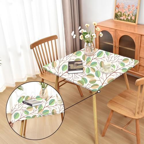 Amonsa Frühlingsgrüne Blätter-Tischdecke mit Gummizug für quadratische Klapptische, waschbar, dehnbar, Spandex, Kartentischdecken, Stoff, Tischdecken, kein Vinyl von Amonsa