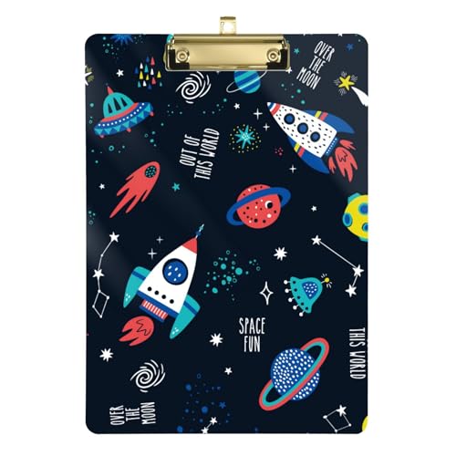 Cartoon Raketen Planet Kosmet Stern Metall Klemmbrett Ordner Standardloch für Klassenzimmer Zubehör für Lehrer Grundschule Größe 22,9 x 30,5 cm von Amooorous