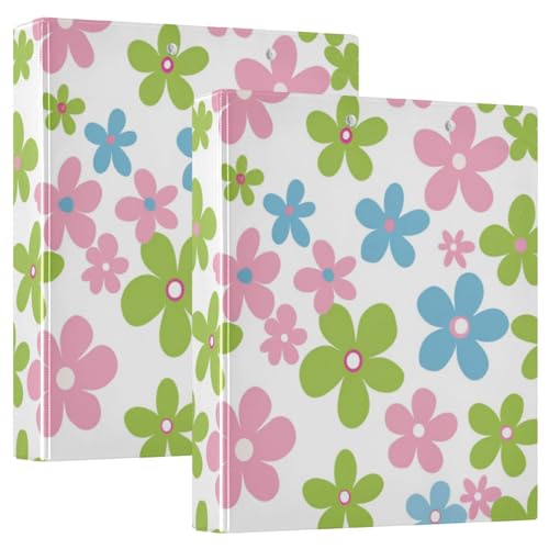 Drei-Ringbuch 3,8 cm, Grün, Rosa und Blau, Blumen mit Innentaschen, 1/2er-Pack, Schulhefter Hardcover, 2 Stück von Amooorous