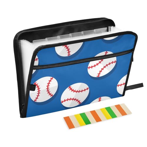 Erweiterbare Hängemappe mit Baseball-Motiv, 13 Fächer, A4, Briefform, Fächermappe mit Reißverschluss, erweiterbare Mappe für Bürobedarf, Blau und Weiß von Amooorous