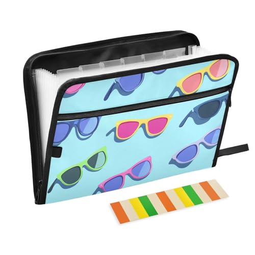 Fächermappe mit niedlicher farbiger Sonnenbrille im Cartoon-Design, 13 Fächer, A4, Briefform, Organizer mit Taschen mit Reißverschluss, Papierordner für Bürobedarf von Amooorous