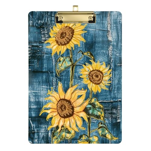 Gelbe Sonnenblumen-Denim-Ordner mit Klemmbrett im Inneren, Acryl, niedlich, für legale Größe 22,9 x 30,5 cm von Amooorous