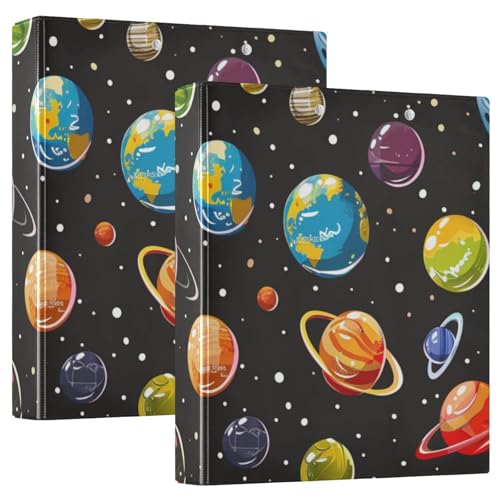 Ringbuch mit runden Ringen, 1 und 1/2 Zoll, schwarzer Hintergrund mit vielen kleinen Cartoon-Planeten mit Innentaschen, 1/2 Packung Ordner, Schulbedarf, Binder, Hardcover, 2 Stück von Amooorous