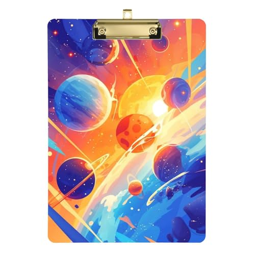 Surrealismus buntes kosmischer Planet-Klemmbrett für die Schule, Standardloch für Klassenzimmer, Zubehör für Lehrer, Grundschule, Größe 22,9 x 30,5 cm von Amooorous