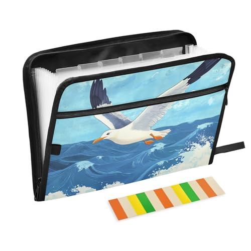 White Gull Flying Over Sea Erweiterbarer Aktenordner, 13 Taschen, A4, Briefgröße, Dokumenten-Organizer mit Reißverschluss, erweiterbare Mappe für Büro von Amooorous