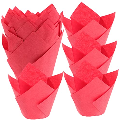 50 Stück Cupcake-wraps Mini-kuchen Mini-muffinförmchen Cupcake-liner Tulpen-cupcake-wrap Tasse Cupcake-geschenkpapier Muffinform Tulpen-cupcake-förmchen Muffinförmchen Backen Rot Amosfun von Amosfun