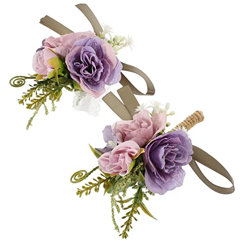 Amosfun 1 Satz Hand Handgelenk Corsage seidenband Ribbon kettelstifte schienbeinschoner Tape romantische Pen Bräutigam Corsage dekorative Handblume Hochzeit Blumenarmband Plastik Violett von Amosfun