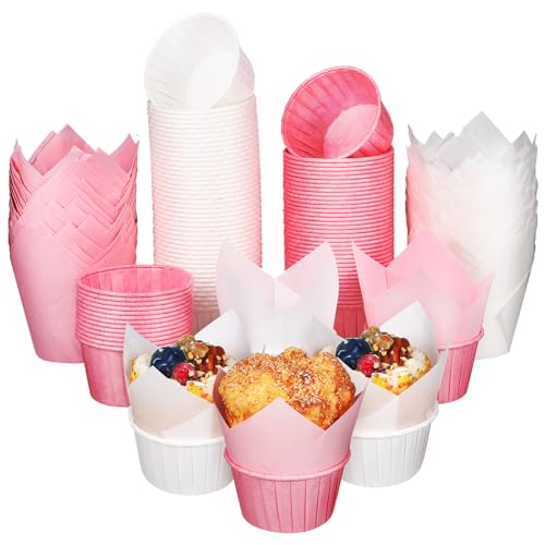 Amosfun 200 Stück Cupcake-Halter-Set 100 Stück Tulpen-Cupcake-Förmchen Mit 100 Stück Cupcake-Förmchen Backpapierförmchen Muffinförmchen-Set Haushalts-Backzubehör von Amosfun