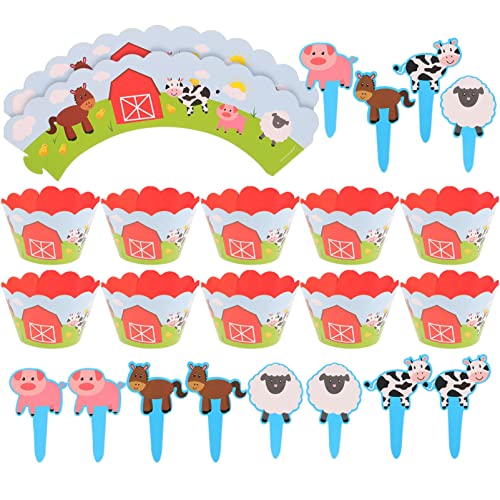 24 STÜCKE Bauernhof Thema Kuchen Cupcake Wrappers Kuchen Topper Set DIY Kuchen Dekorationen Geburtstag Party Favors von Amosfun