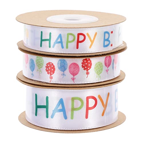 Amosfun 3 Rollen Happy Birthday Ribbon Roll Breites Satinband Happy Birthday Luftballons Band Geschenke Wrapping Ribbon für Party Dekoration von Amosfun