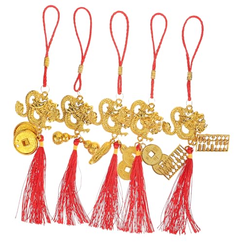 Amosfun 5St glückliche hängende Ornamente feng Drachenschmuck China chinesische neujahrsdekoration New Year Decoration Neujahrsdekorationen 2024 Chinesische Bonsai-Anhänger Plastik Golden von Amosfun