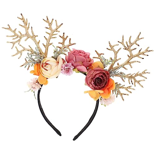 Amosfun Rentier Geweih Haarreif mit Blumen Weihnachten Haarschmuck Elchgeweih Kopfschmuck Weihnachtsmütze Elch Kopfbedeckung Kinder Erwachsene Party Foto Requisiten Kostüm Zubehör von Amosfun