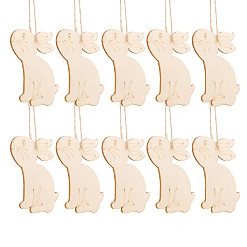 Ostern Anhänger Holz Hasen Kaninchen Figur Holzscheiben mit Loch Baumscheiben Geschenkanhänger Hängende Ostern Dekoration zum Bemalen Basteln mit Schnur Khaki 20 Stück von Amosfun