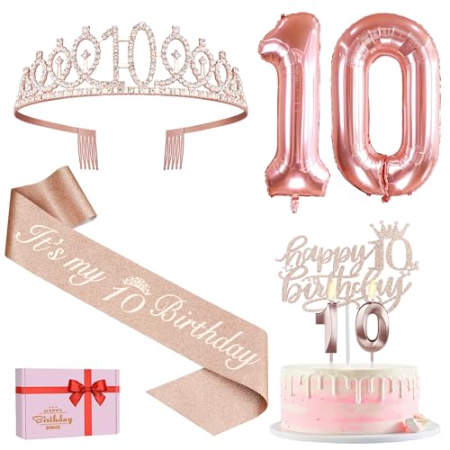 10. Geburtstag Mädchen Deko, 10. Geburtstag Schärpe und Tiara, Tortendeko Geburtstag und Kerzen, Roségold Luftballons 10, 10. Geschenk für Mädchen zum Geburtstag Party Deko Supplies von Amosking