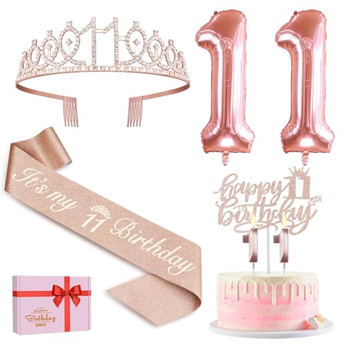 11. Geburtstag Mädchen Deko, 11. Geburtstag Schärpe und Krone, Tortendeko Geburtstag und Kerzen, Roségold Luftballons 11, 11. Geschenk für Mädchen zum Geburtstag Party Deko Supplies von Amosking