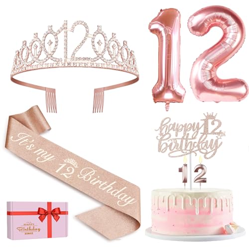 12. Geburtstag Mädchen Deko, 12. Geburtstag Schärpe und Krone, Tortendeko Geburtstag und Kerzen, Roségold Luftballons 12, 12. Geschenk für Mädchen zum Geburtstag Party Deko Supplies von Amosking