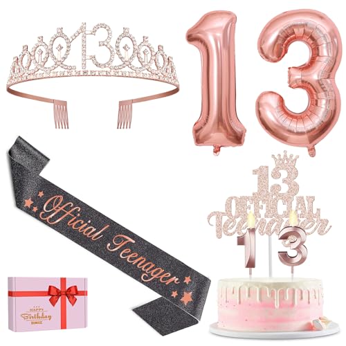 13. Geburtstag Mädchen Deko, 13. Geburtstag Schärpe und Krone, Official Teenager 13 Schärpe, Tortendeko Geburtstag und Kerzen, Roségold Luftballons 13, 13 Jahre Mädchen Geschenk von Amosking