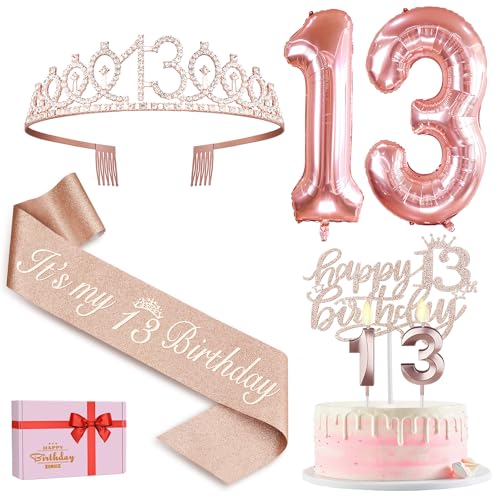 13. Geburtstag Mädchen Deko, 13. Geburtstag Schärpe und Krone, Tortendeko Geburtstag und Kerzen, Roségold Luftballons 13, 13. Geschenk für Mädchen zum Geburtstag Party Deko Supplies von Amosking