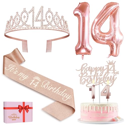 14. Geburtstag Mädchen Deko, 14. Geburtstag Schärpe und Krone, Tortendeko Geburtstag und Kerzen, Roségold Luftballons 14, 14. Geschenk für Mädchen zum Geburtstag Party Deko Supplies von Amosking