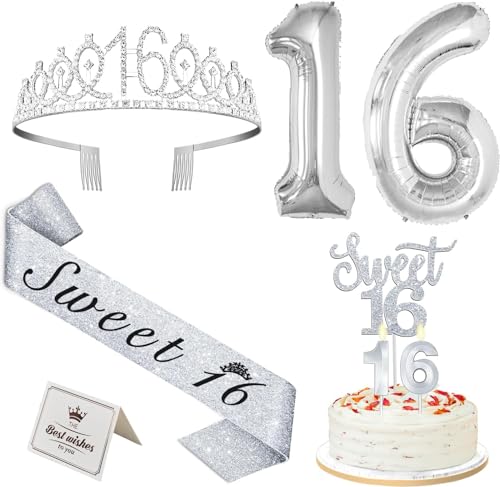 16 Geburtstag Dekorationen Silber, einschließlich Sweet 16 Schärpe und Tiara, Sweet 16 Cake Topper und Kerzen, Zahlenballons, 16 Jahre alte Geschenke für Mädchen von Amosking