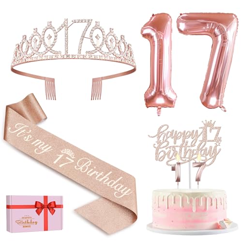 17. Geburtstag Mädchen Deko, 17. Geburtstag Schärpe und Krone, Tortendeko Geburtstag und Kerzen, Roségold Luftballons 17, 17. Geschenk für Mädchen zum Geburtstag Party Deko Supplies von Amosking