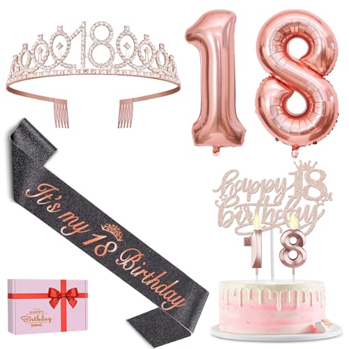 18 Geburtstag Dekorationen für Mädchen, einschließlich 18 Geburtstag Schärpe und Tiara, 18 Geburtstag Kuchen Topper und Kerzen, 18 Geburtstag Luftballons Roségold, 18 Geburtstag Geschenke für Mädchen von Amosking