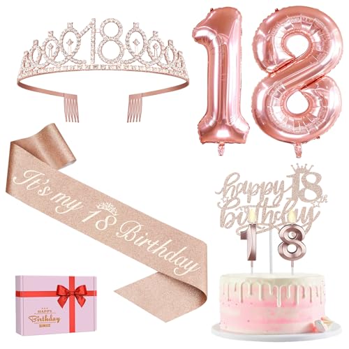 18. Geburtstag Mädchen Deko, 18. Geburtstag Krone und Schärpe, Tortendeko Geburtstag und Kerzen, Rosegold Luftballon 18, 18. Geburtstag Geschenk Mädchen, Party Deko 18 Geburtstag Mädchen von Amosking