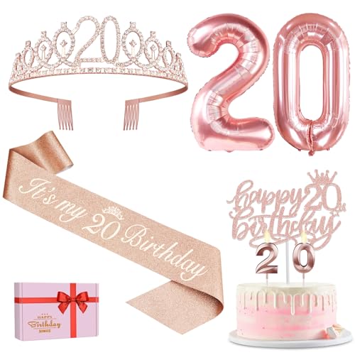 20. Geburtstag Mädchen Deko, 20. Geburtstag Schärpe und Krone, Tortendeko Geburtstag und Kerzen, Roségold Luftballons 20, 20. Geschenk für Mädchen zum Geburtstag Party Deko Supplies von Amosking