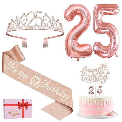 25. Geburtstag Mädchen Deko, 25. Geburtstag Schärpe und Krone, Tortendeko Geburtstag und Kerzen, Roségold Luftballons 25, 25. Geschenk für Mädchen zum Geburtstag Party Deko Supplies von Amosking