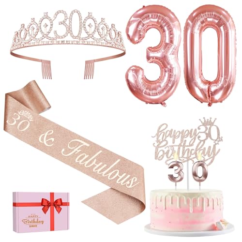 30 Geburtstag Dekorationen für Frauen, einschließlich 30 Geburtstag Schärpe für Frauen Krone Tiara Nummer 30 Kerzen und Geburtstag Kuchen Topper, Rose Gold 30 Luftballons, 30 Geburtstag Geschenke für von Amosking